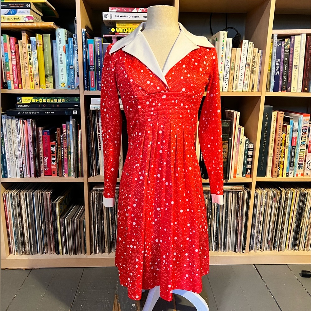 Vintage 70’s red polka dot a-line disco collar office party dress